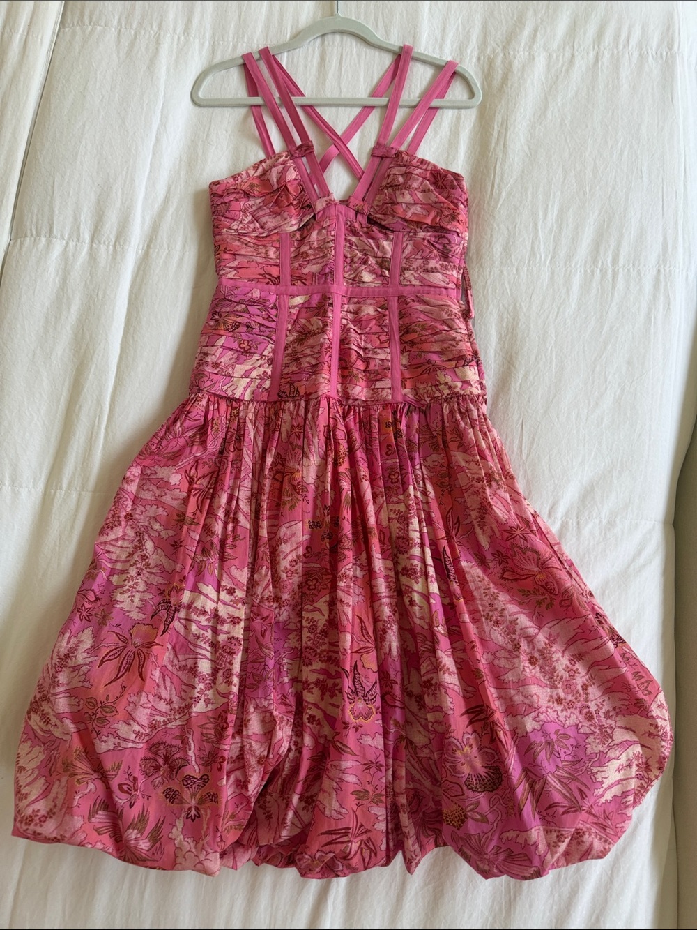 Ulla Johnson Pink Floral Midi Dress with Strappy Bodice